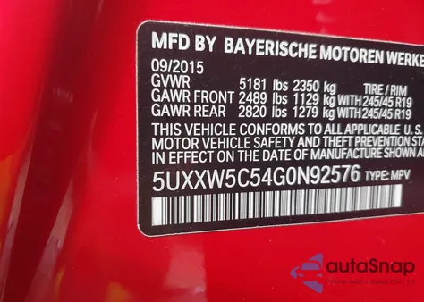 2016 BMW X4 xDrive35I from USA, damaged, VIN 5UXXW5C54G0N92576